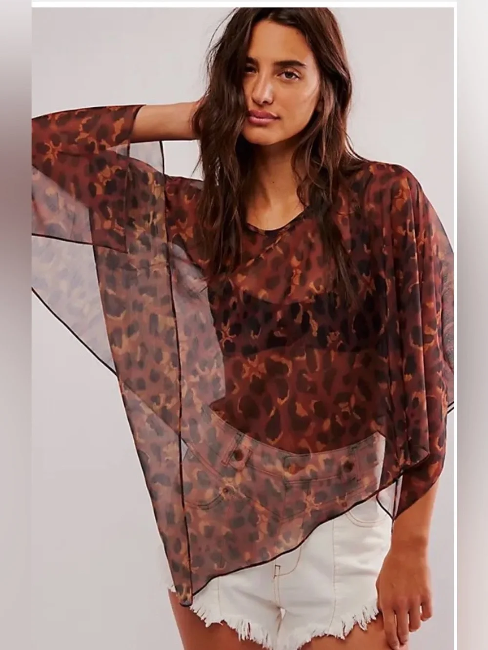 Free People Brown Leopard-Print Angel Wing Poncho Kimono